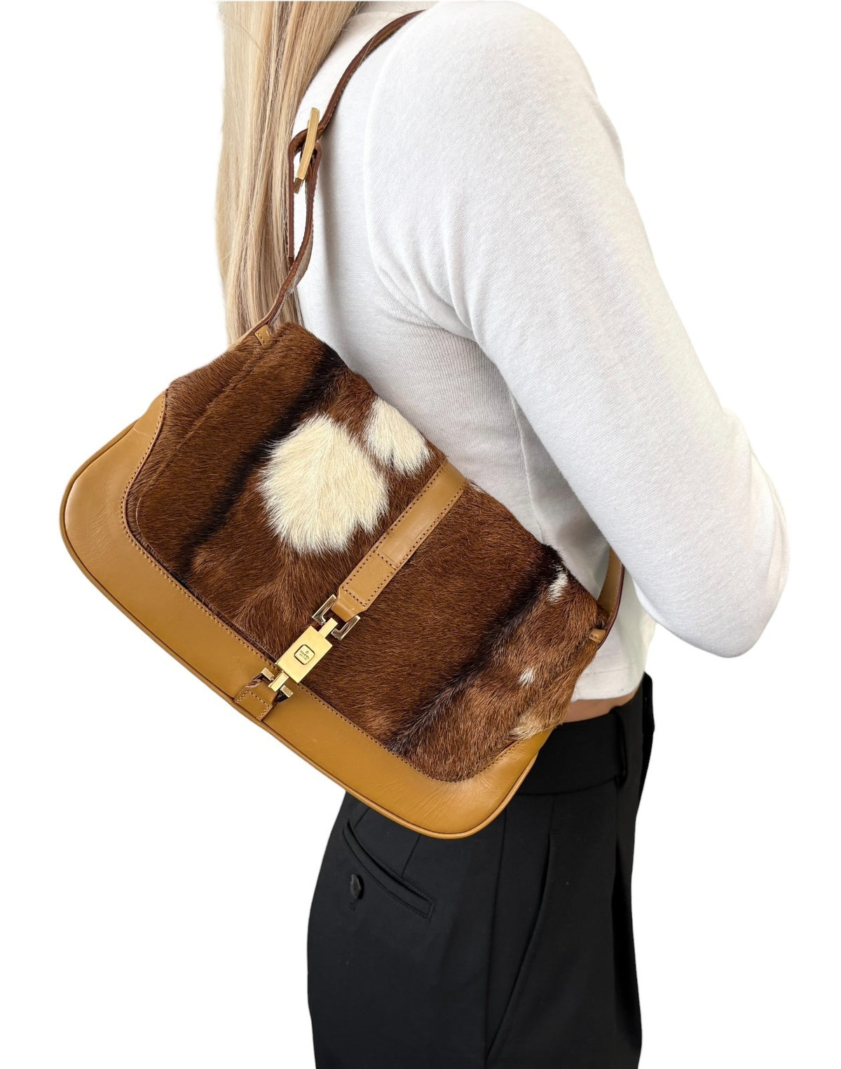 GUCCI Vintage Jackie Cow Pony Calf Hair Shoulder Bag Brown Camel Leather