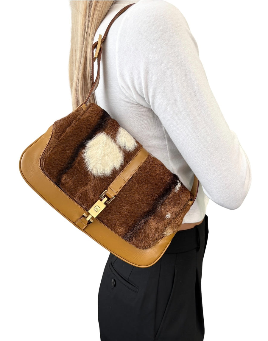 GUCCI Vintage Jackie Cow Pony Calf Hair Shoulder Bag Brown Camel Leather
