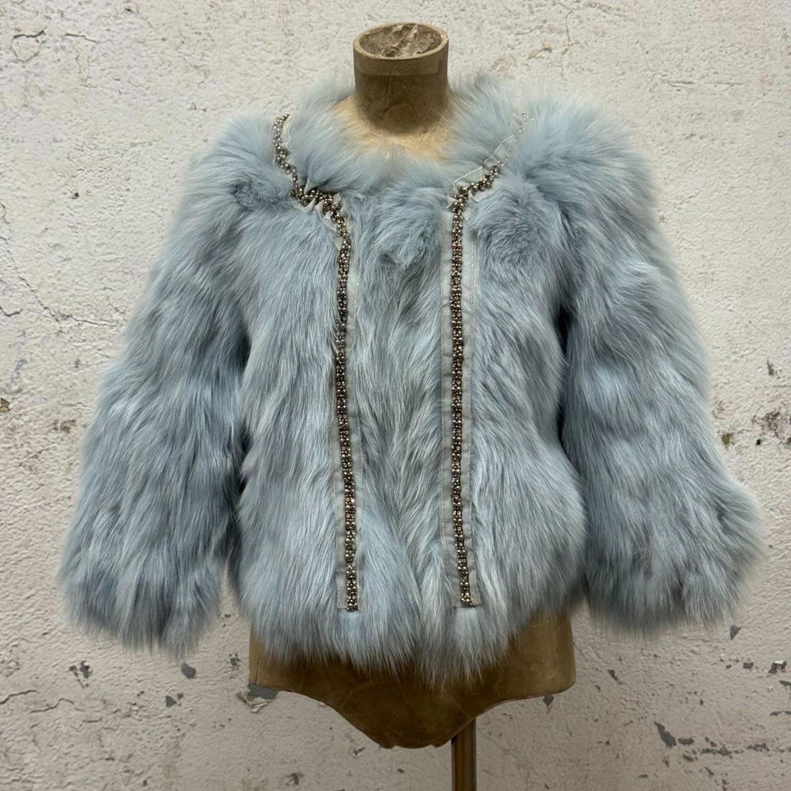Vintage Y2K Beaded Ice-Blue Fox Fur Cropped Jacket