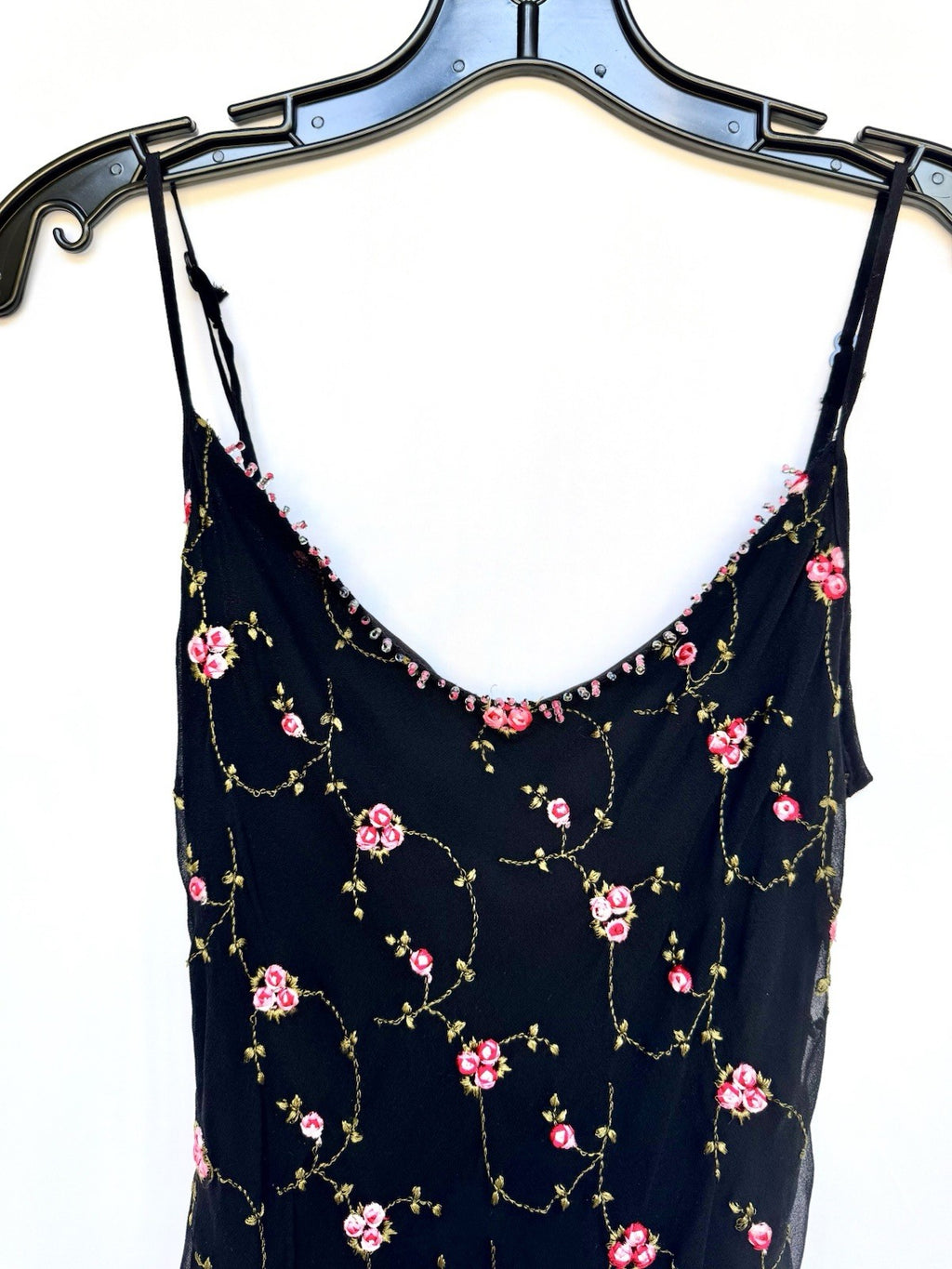 Betsey Johnson Silk Slip Dress Babydoll Black With Pink Roses Beaded Y2K Rare