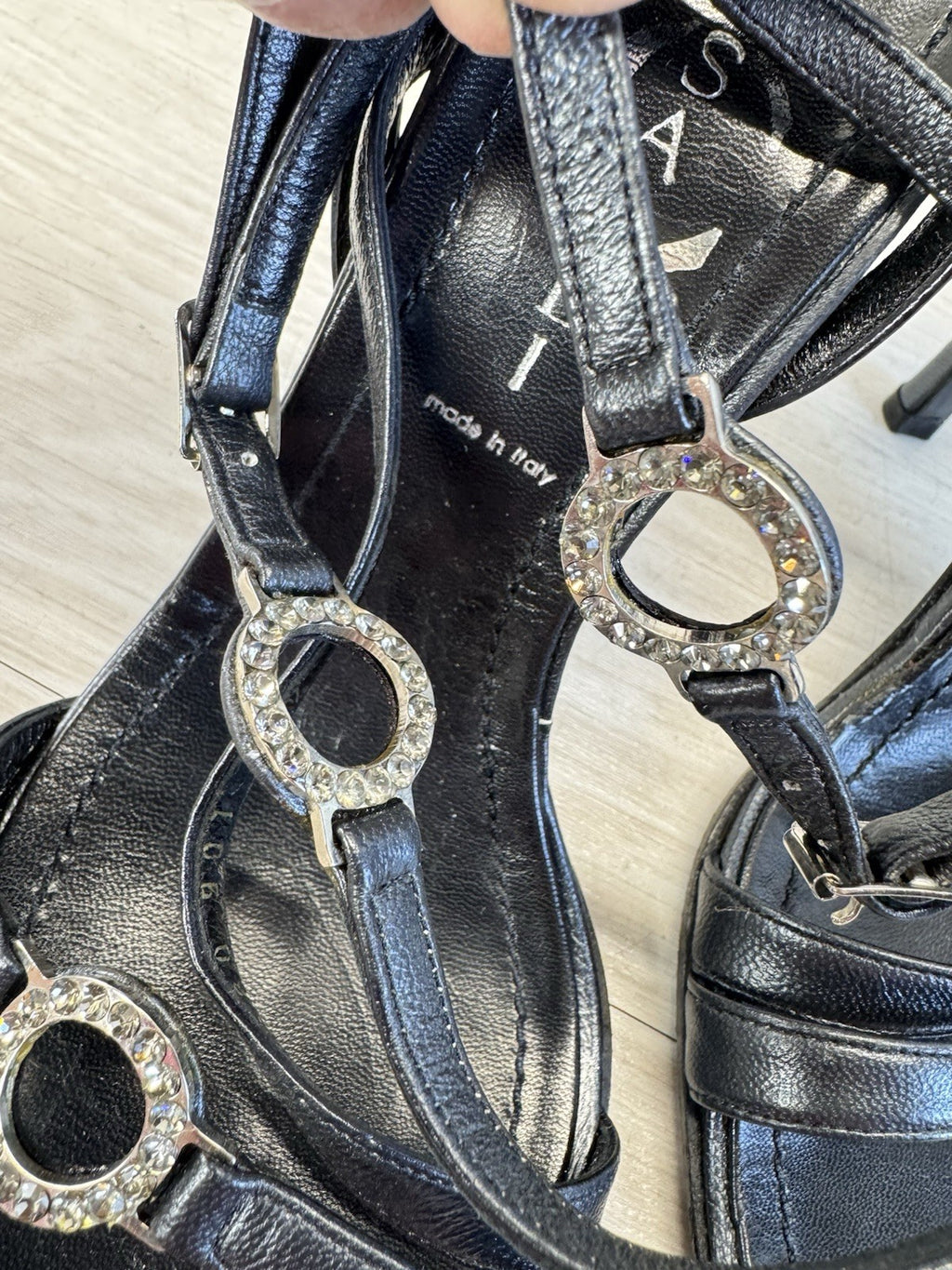 Vintage Casadei Black Leather Strappy Rhinestone Heel - Women's Size 6.5