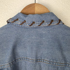 VTG Womens Denim Shirt Western Leather Lace Up Collar Pockets Long Sleeve M