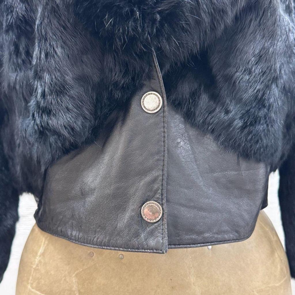Y2K Black Rabbit and Fox Fur Leather Crop Jacket