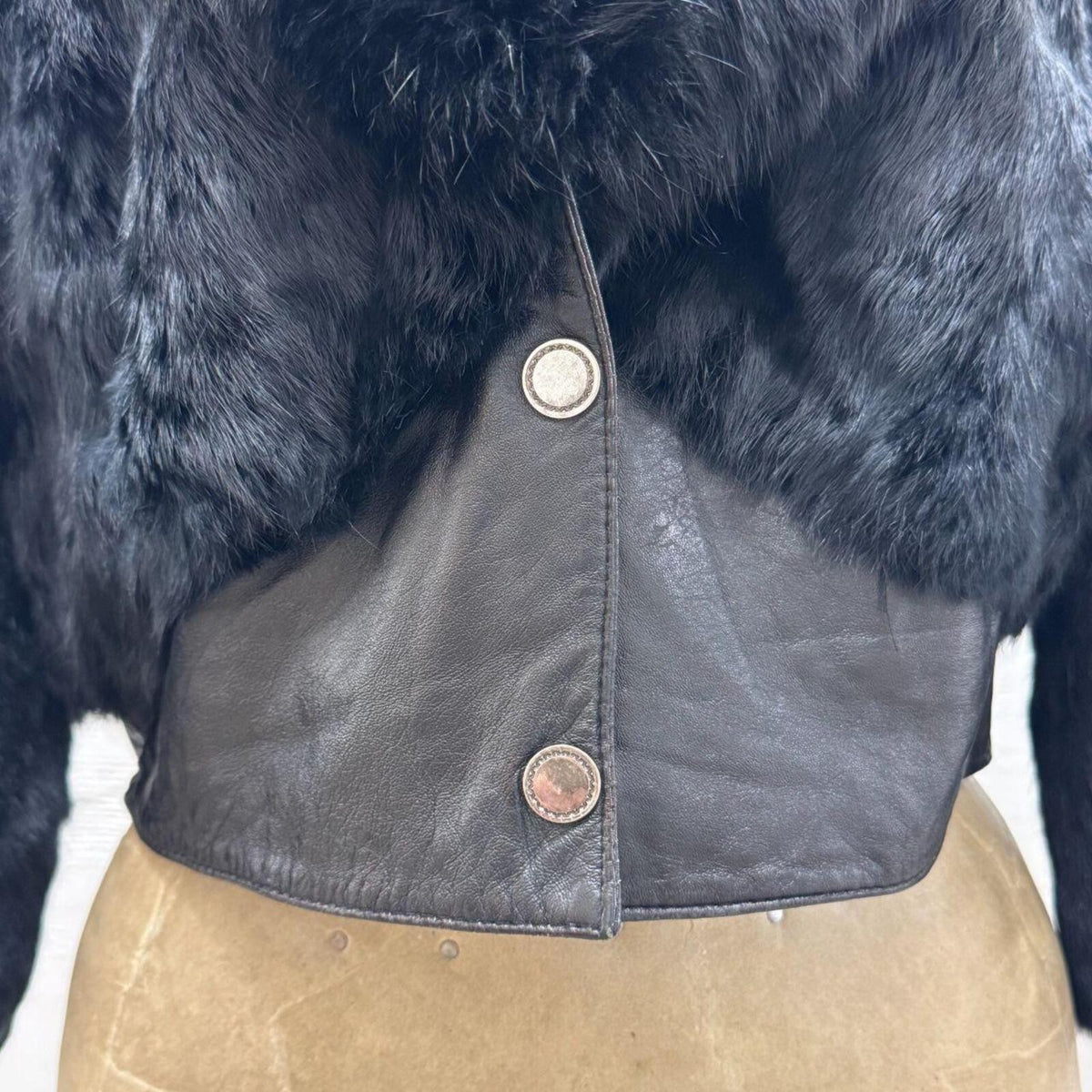 Y2K Black Rabbit and Fox Fur Leather Crop Jacket