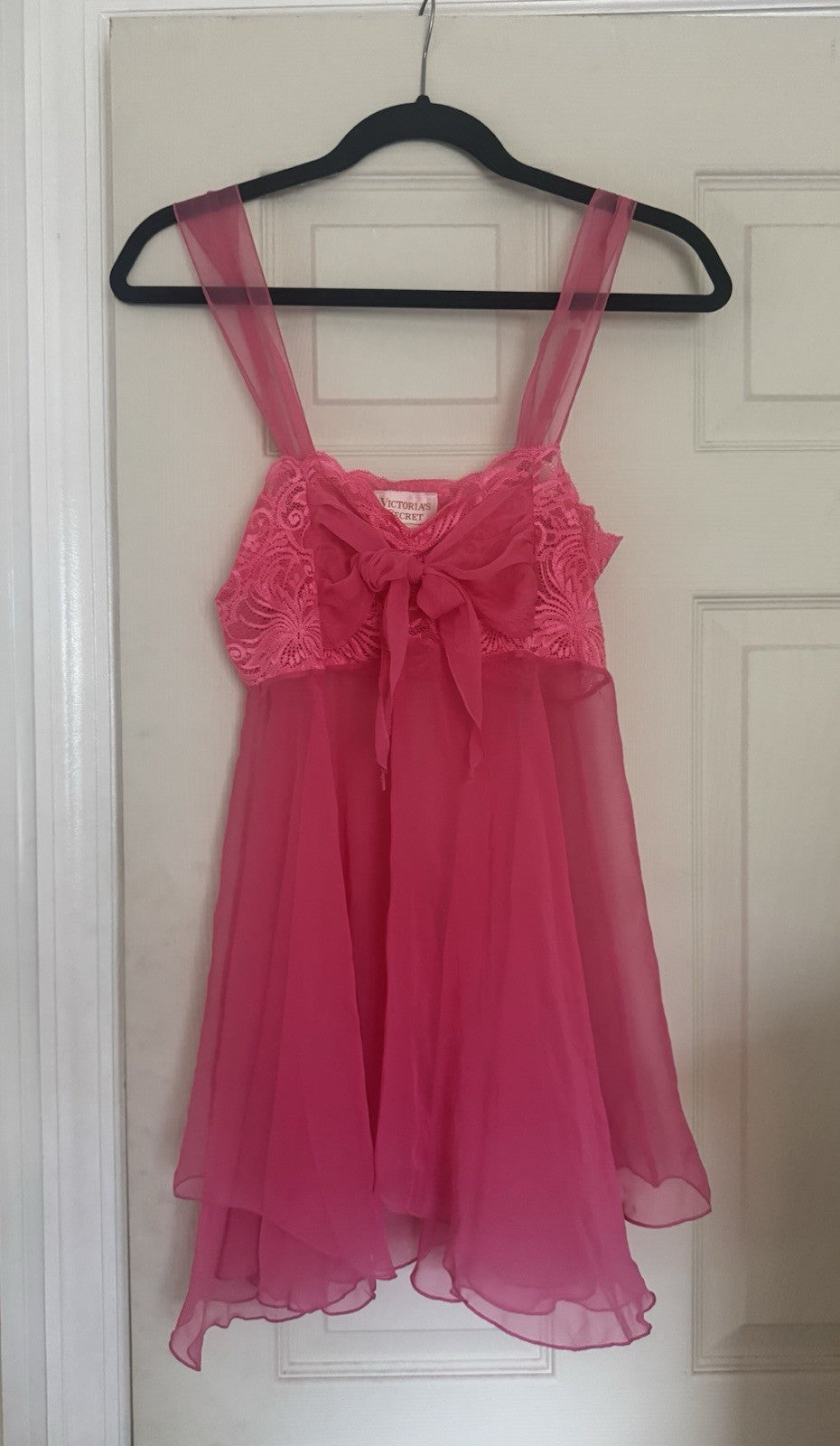 VINTAGE Victoria's Secret Pink Chiffon Sheer Lace Babydoll Slip Dress Size M