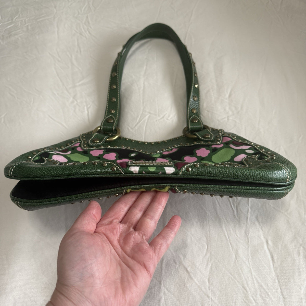 Isabella Fiore Green Floral Abstract Studded Shoulder Bag