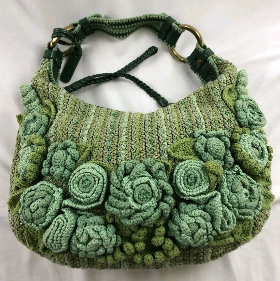Isabella Fiore Green Crochet Floral Applique Shoulder Bag