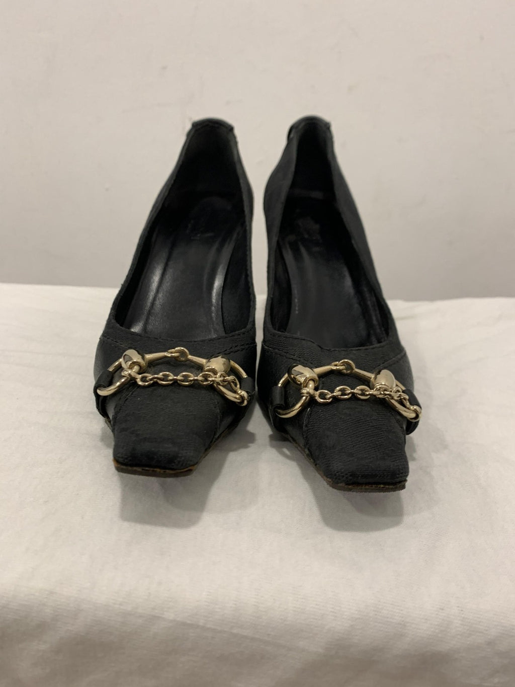 Gucci Vintage Horsebit Chain Pumps Black GG Monogram 37
