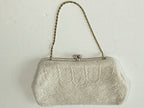 Vintage White Beaded Purse Clutch Bag Handbag Thin Gold Chain Handle