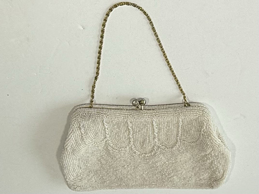 Vintage White Beaded Purse Clutch Bag Handbag Thin Gold Chain Handle