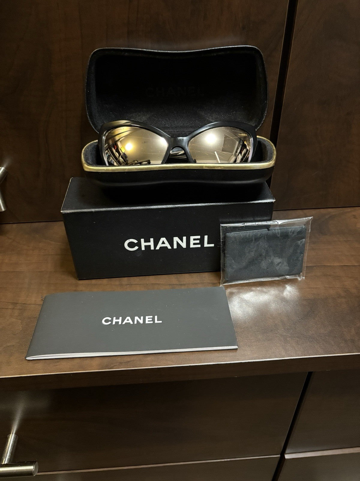 Authentic Chanel CH5271 Black Cat Eye Gold Mirror  Lens CC Logo w/Box & Hardcase