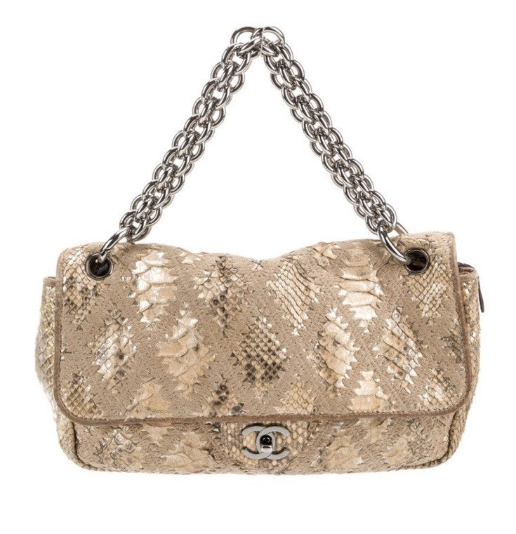 Chanel Beige And Gold Python Crochet Flap Bag With Chain Vintage RARE