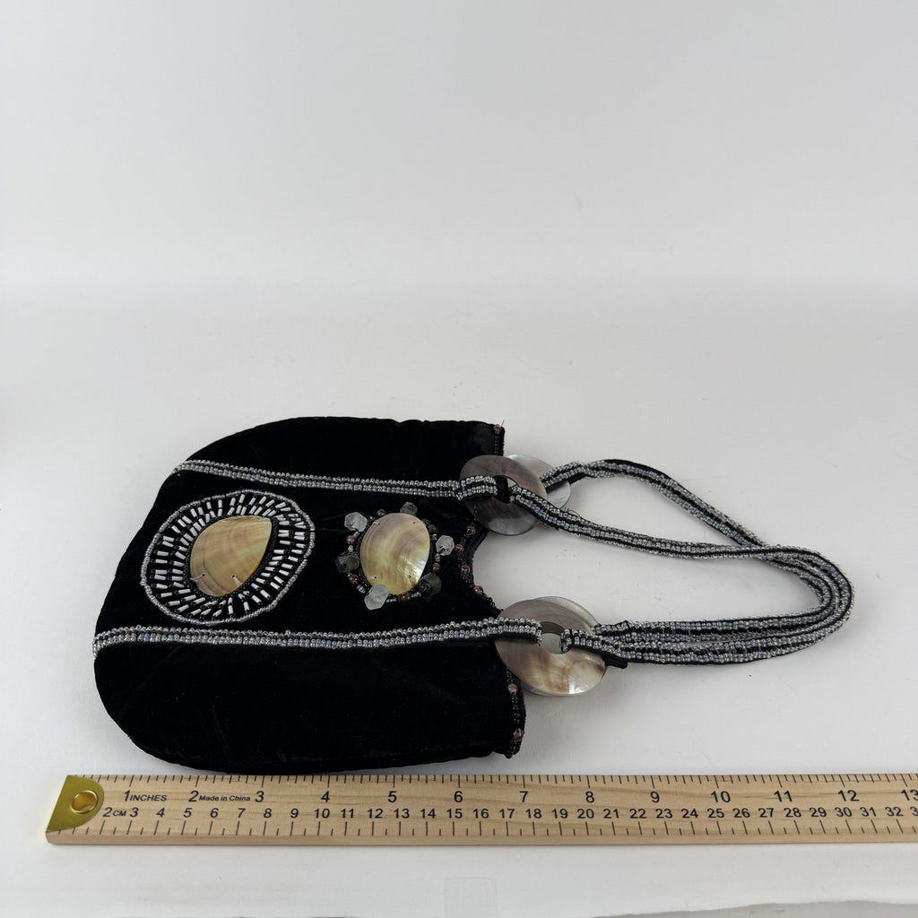 Imayin Shoulder Bag Womens Black Velvet Beaded Mother of Pearl Shell Purse Party
