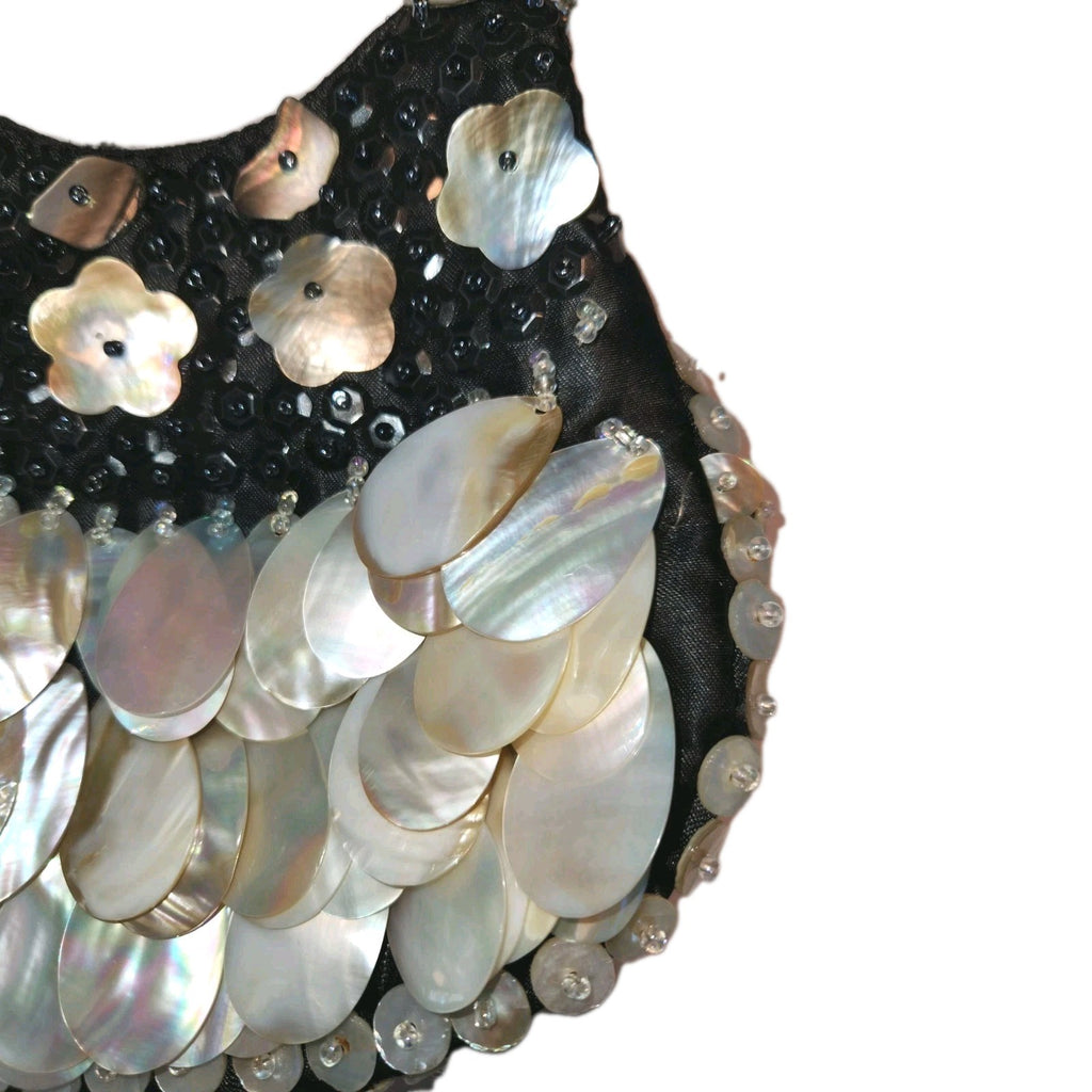 Vintage Black Satin Handbag With mother-of-pearl Shell Fringe & Beads Small 6X7"