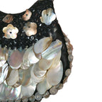 Vintage Black Satin Handbag With mother-of-pearl Shell Fringe & Beads Small 6X7"