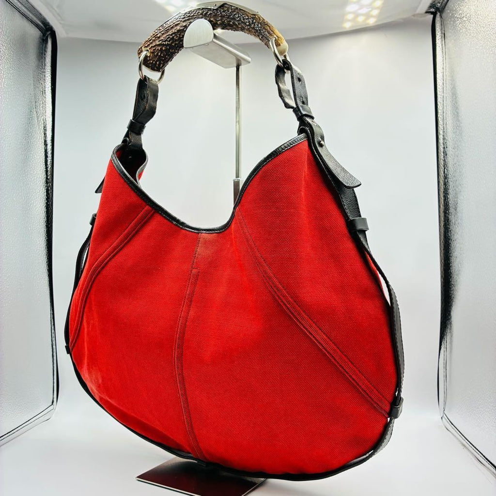 Authentic Yves Saint Laurent rivegauche Mombasa shoulder bag canvas red rare