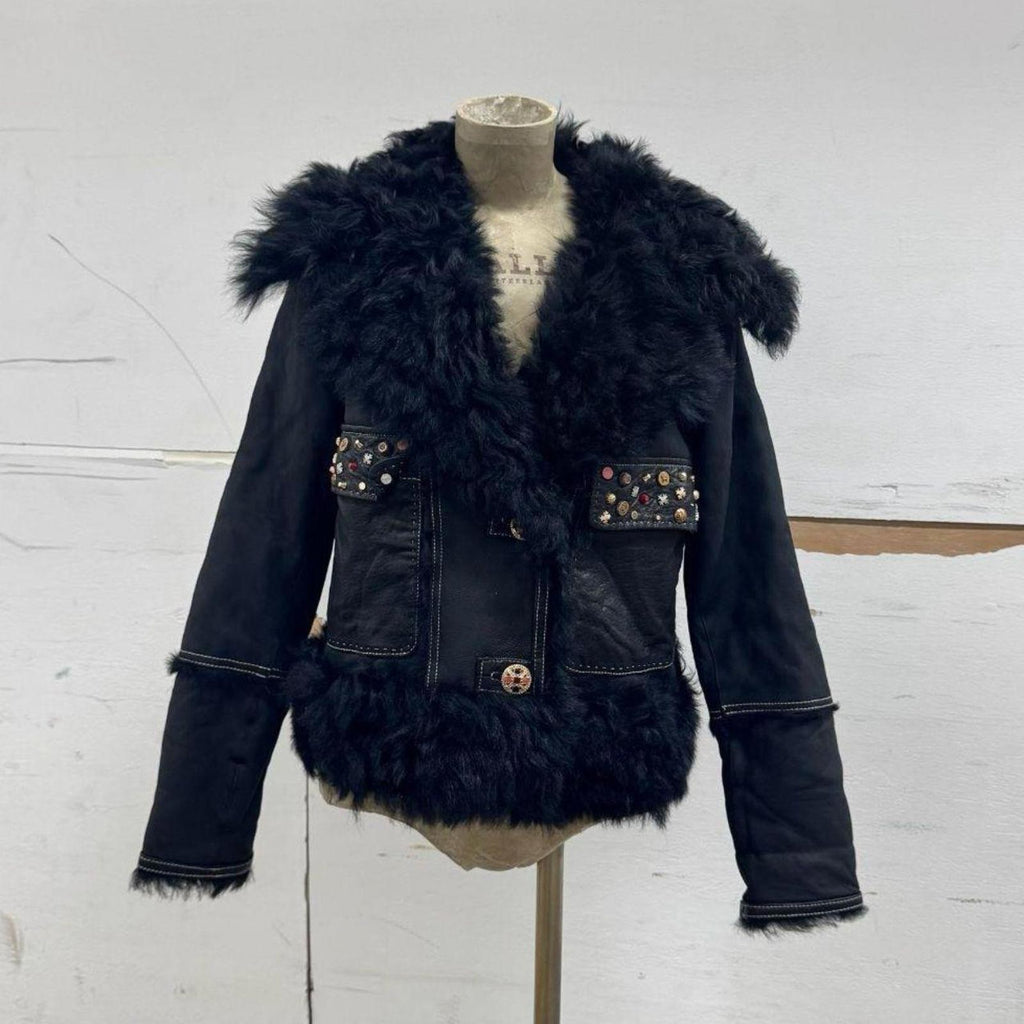 Vintage Black Gold Embellished Leather and Shearling Statement Jacket