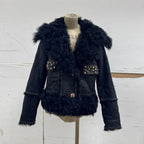 Vintage Black Gold Embellished Leather and Shearling Statement Jacket