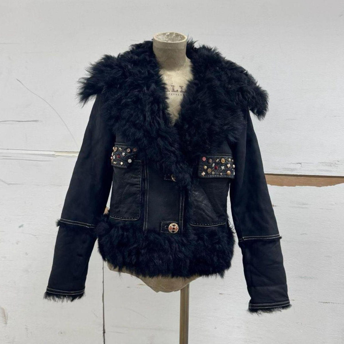 Vintage Black Gold Embellished Leather and Shearling Statement Jacket