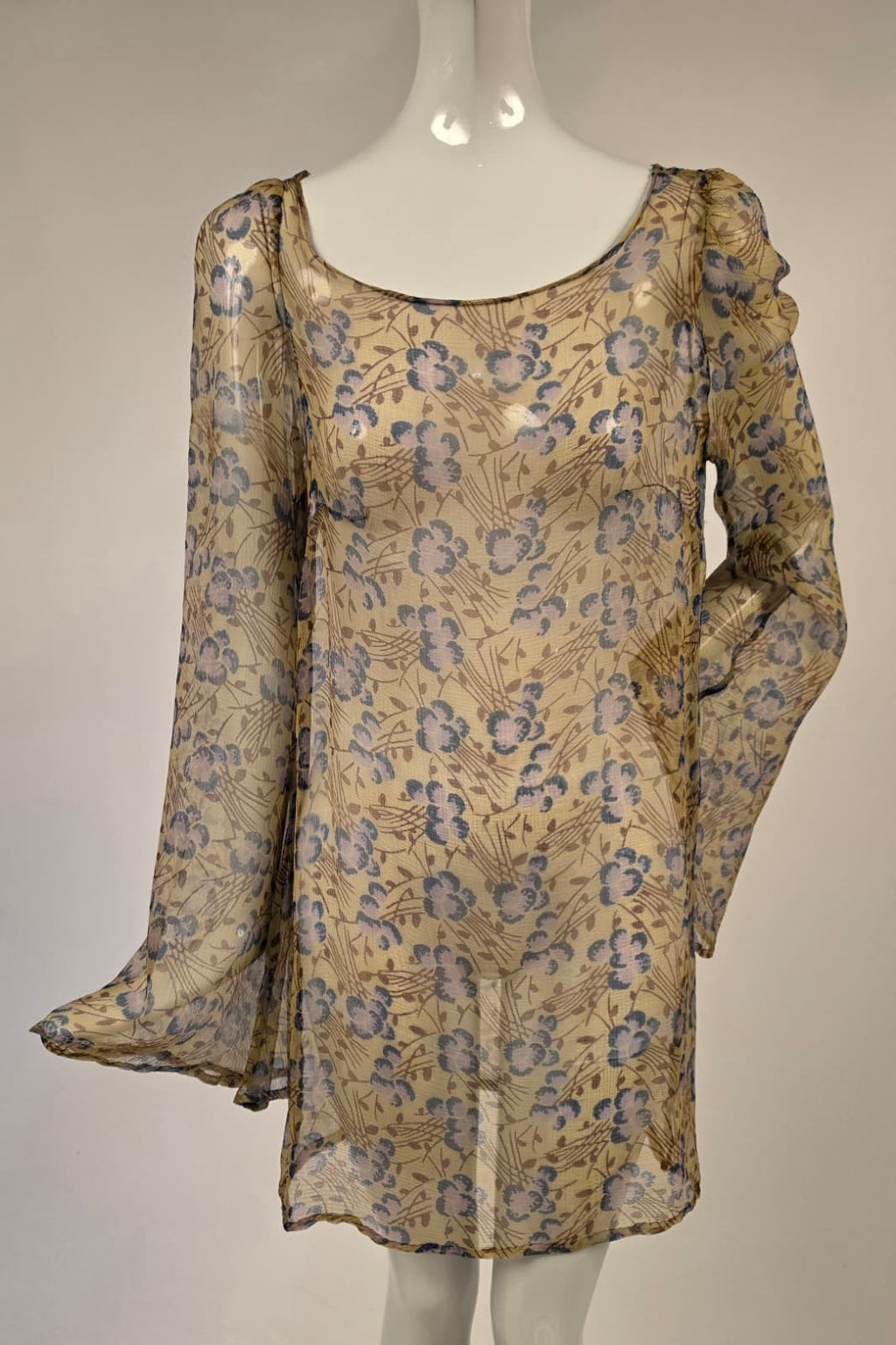 1920s Floral Print Silk Chiffon Blouse with Long Bell Sleeves