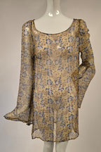 1920s Floral Print Silk Chiffon Blouse with Long Bell Sleeves