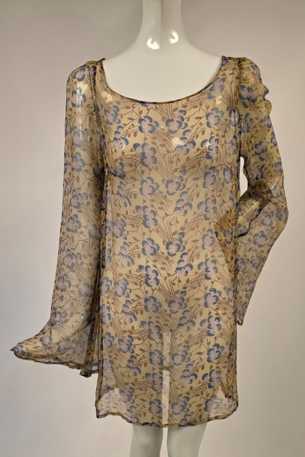 1920s Floral Print Silk Chiffon Blouse with Long Bell Sleeves