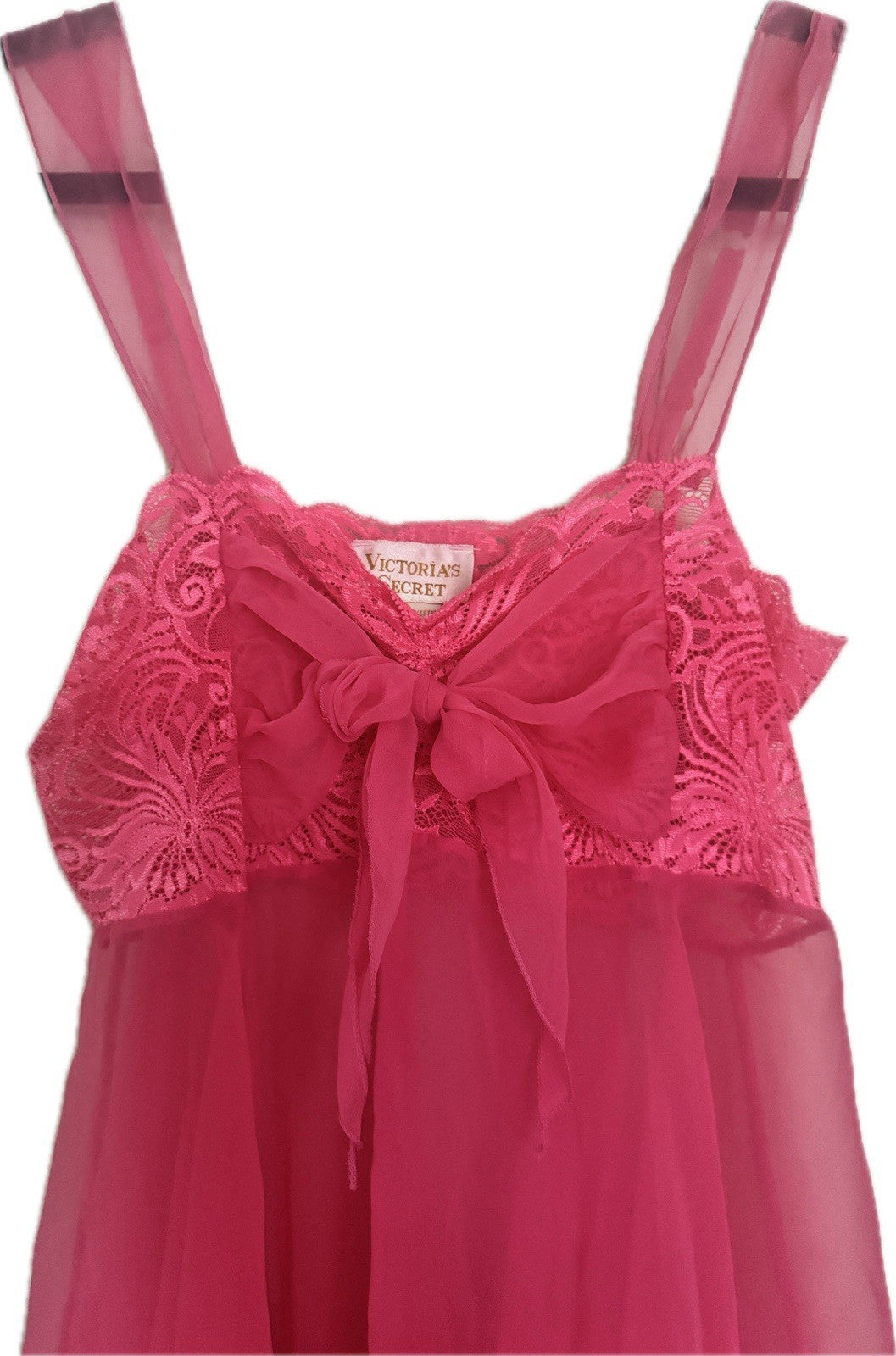 VINTAGE Victoria's Secret Pink Chiffon Sheer Lace Babydoll Slip Dress Size M