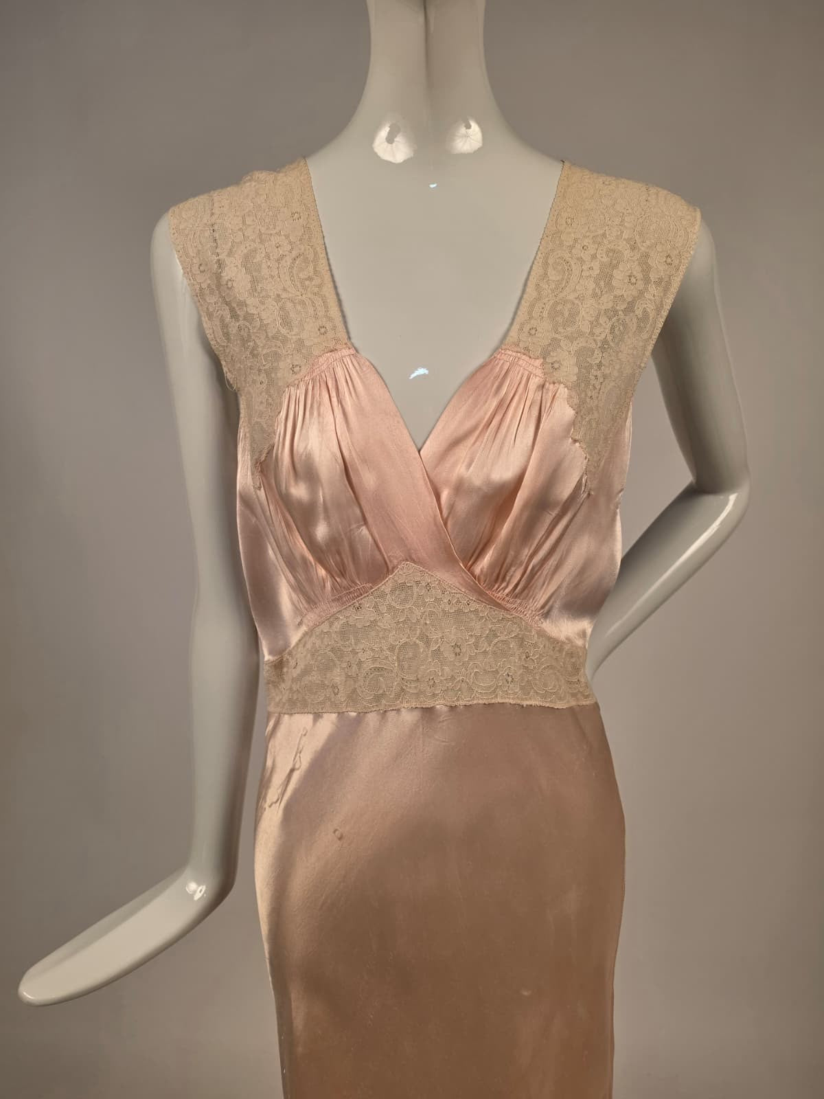 1930s Satin and Lace Long Slip Dress with Crossover Front