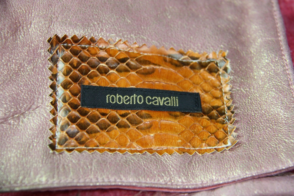 Leather Light Pink Shearling Jacket with Gold Tone Trim Size 42