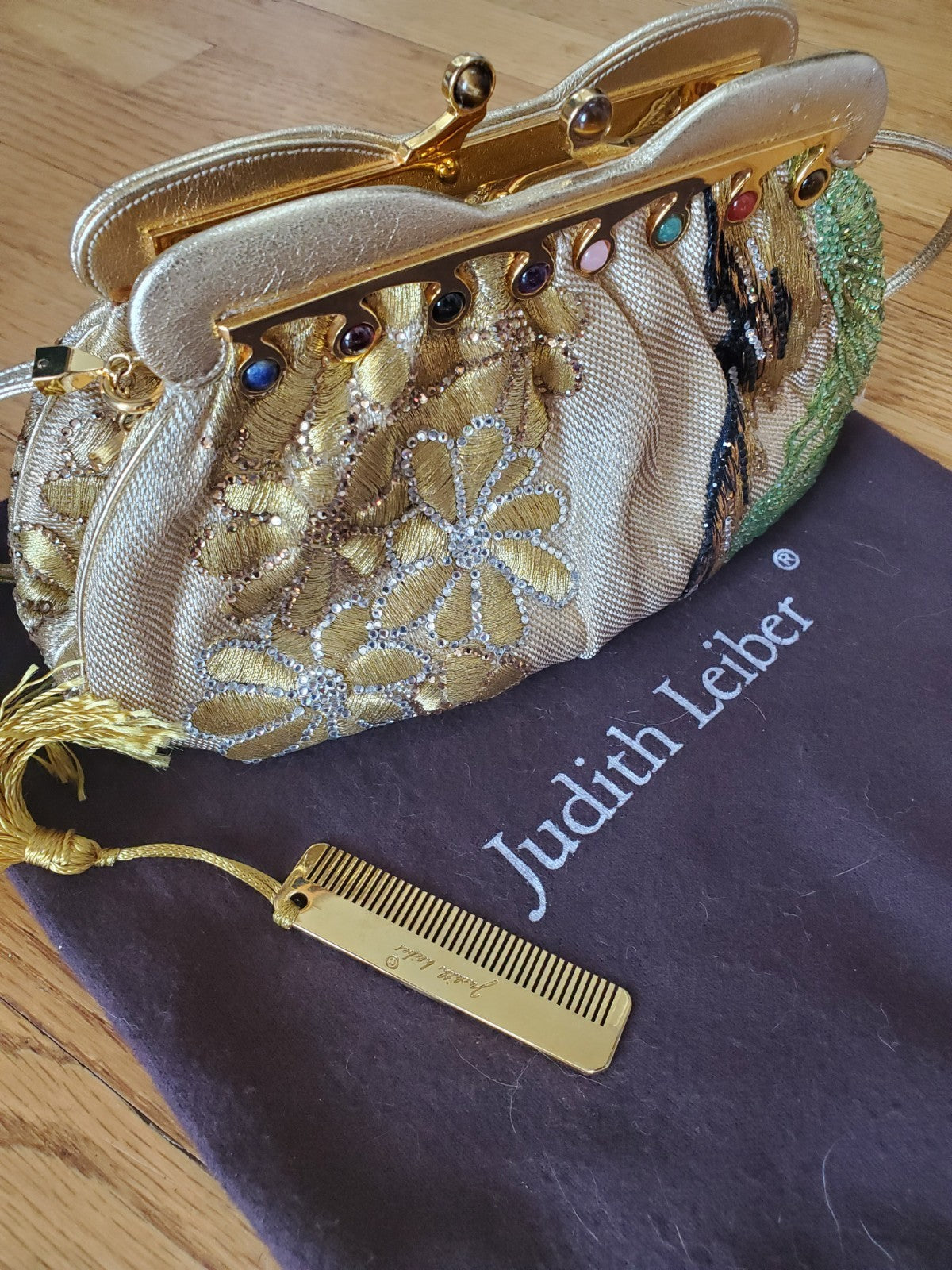 Judith Leiber Gold Floral Embroidered Crystal Beaded Clutch w/ Dust Bag & Comb