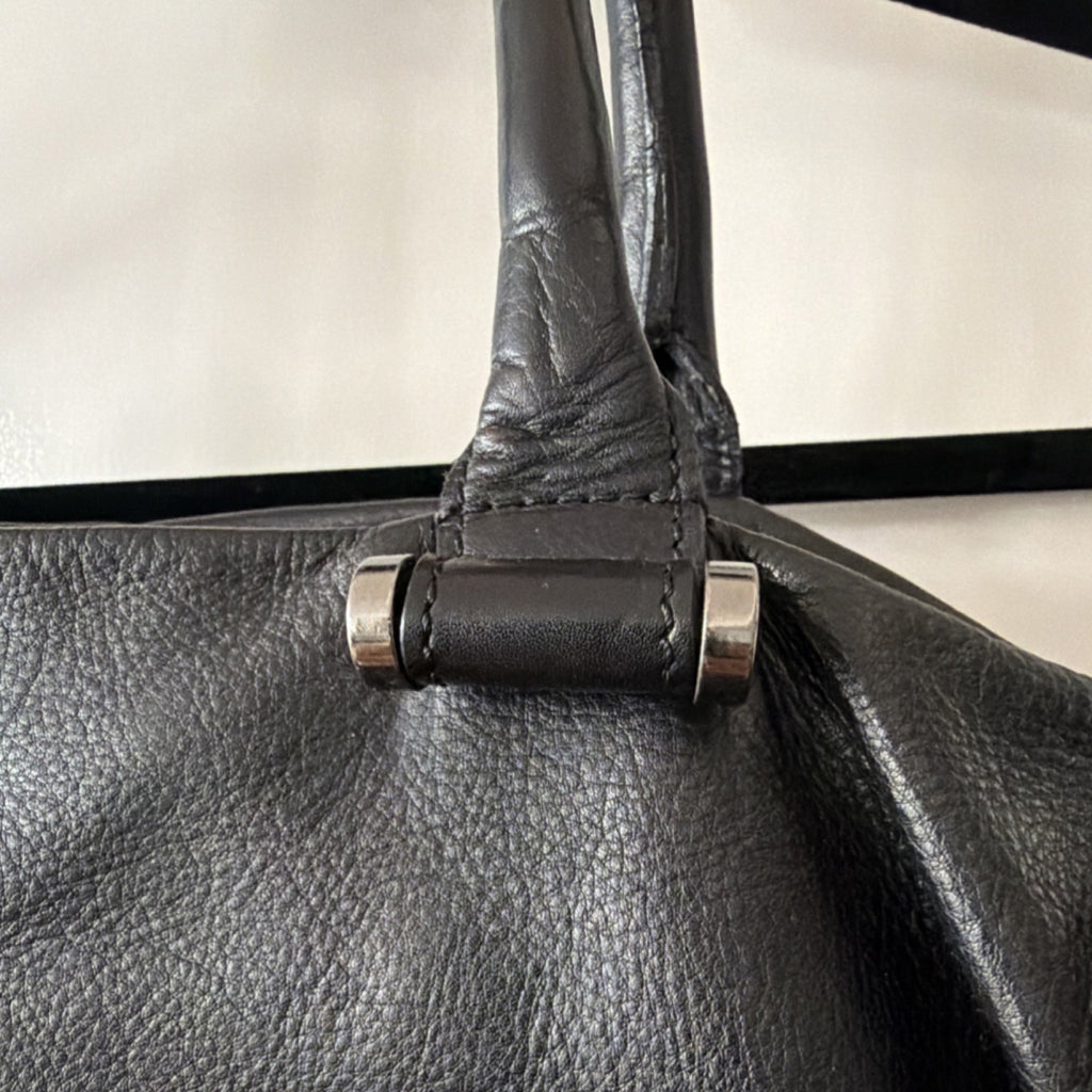 Black Satchel Top Handle Bag with Silver Hardware and Bottom Studs