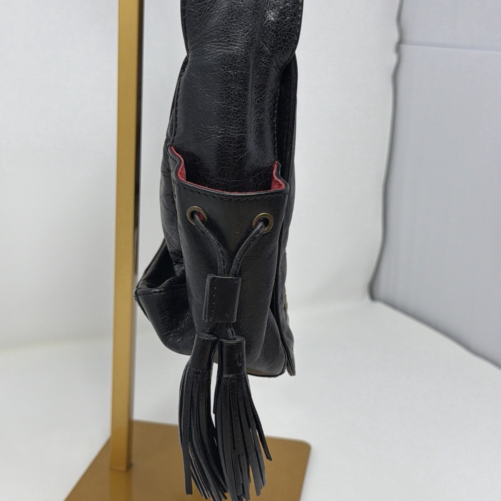 Francesco Biasia Vintage Black Leather Butterfly Embroidered Tassel Boho Bag
