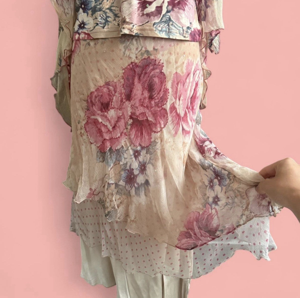 Rene Derhy Beige Floral Embellished Top and Skirt Set Large