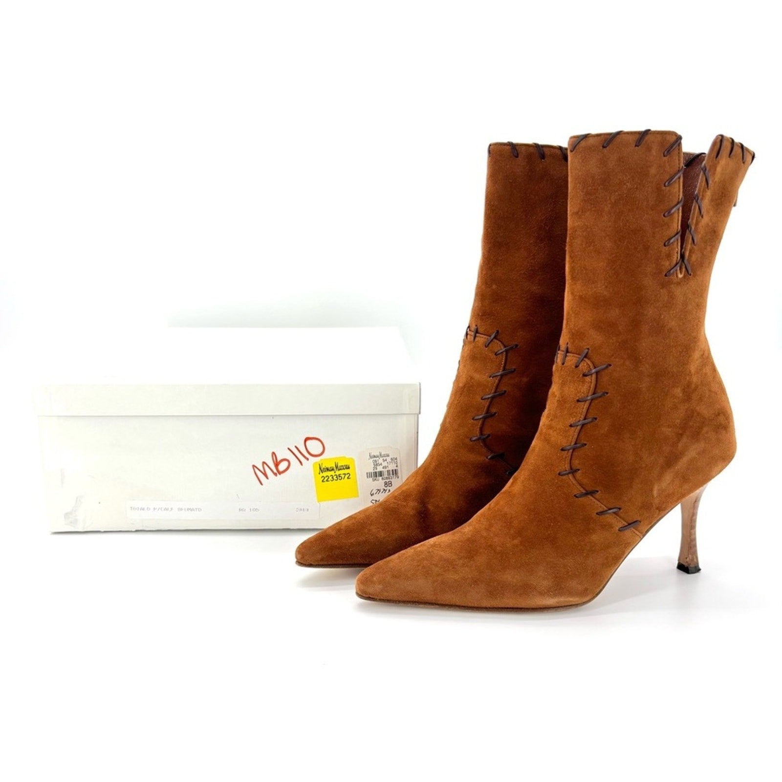 Manolo Blahnik Brown Suede Whipstitch Pointed Toe Mid Calf Heeled Boots 37.5