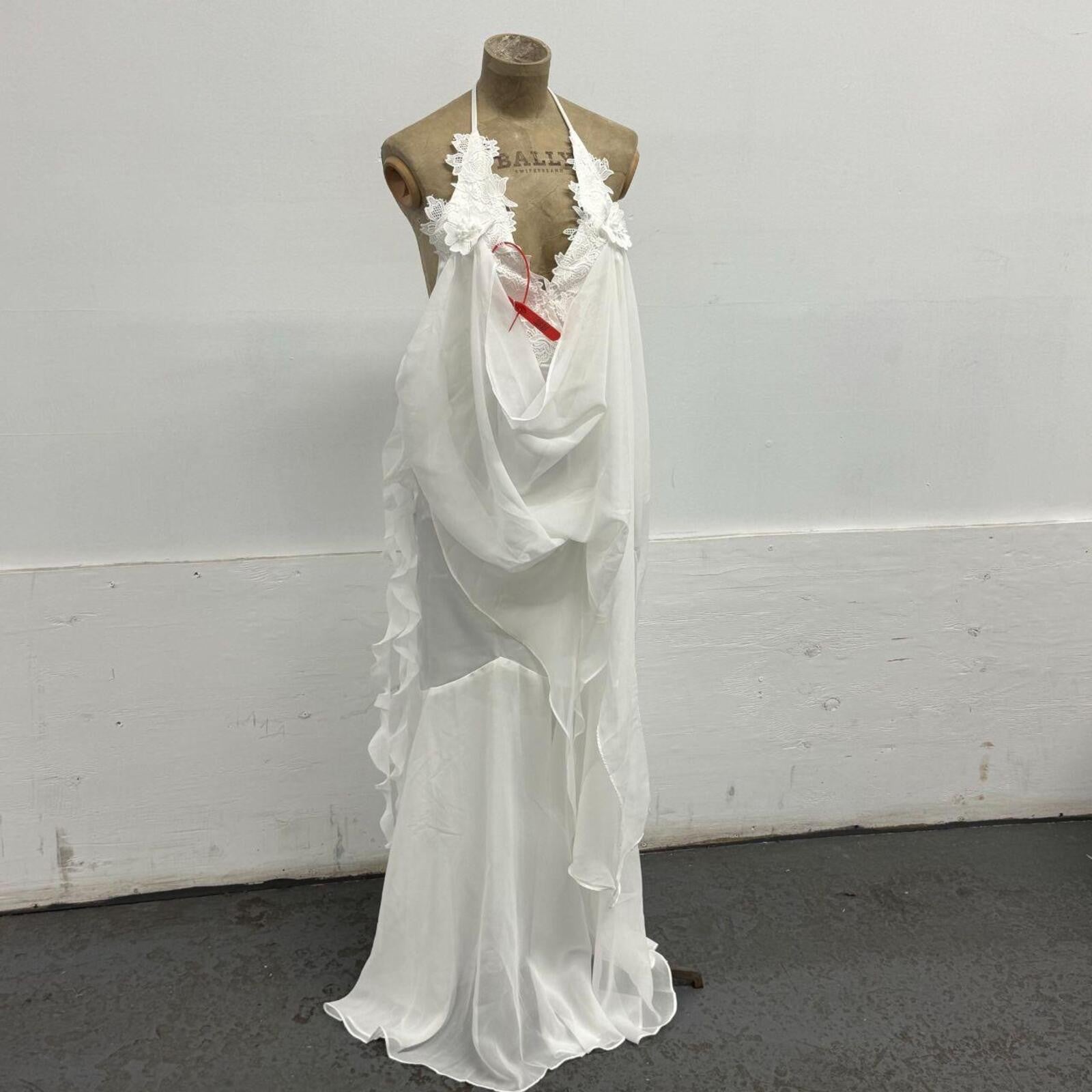 White Sculptural Halter Gown with Cascading Chiffon