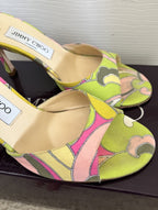 Vintage JIMMY CHOO Green & Pink Open Toe Pucci Print Heels, Made In Italy, 36