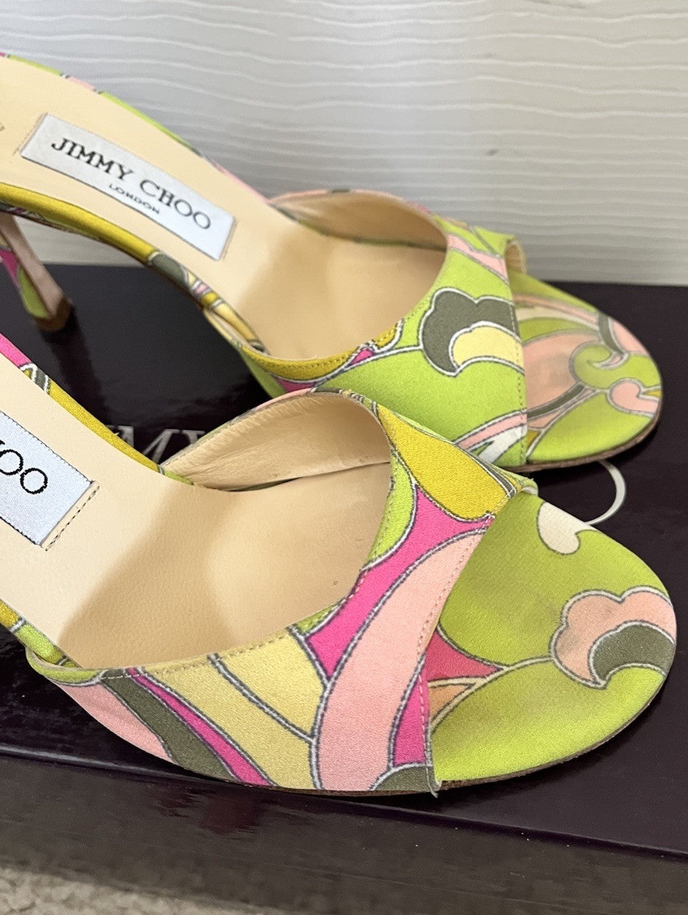 Vintage JIMMY CHOO Green & Pink Open Toe Pucci Print Heels, Made In Italy, 36