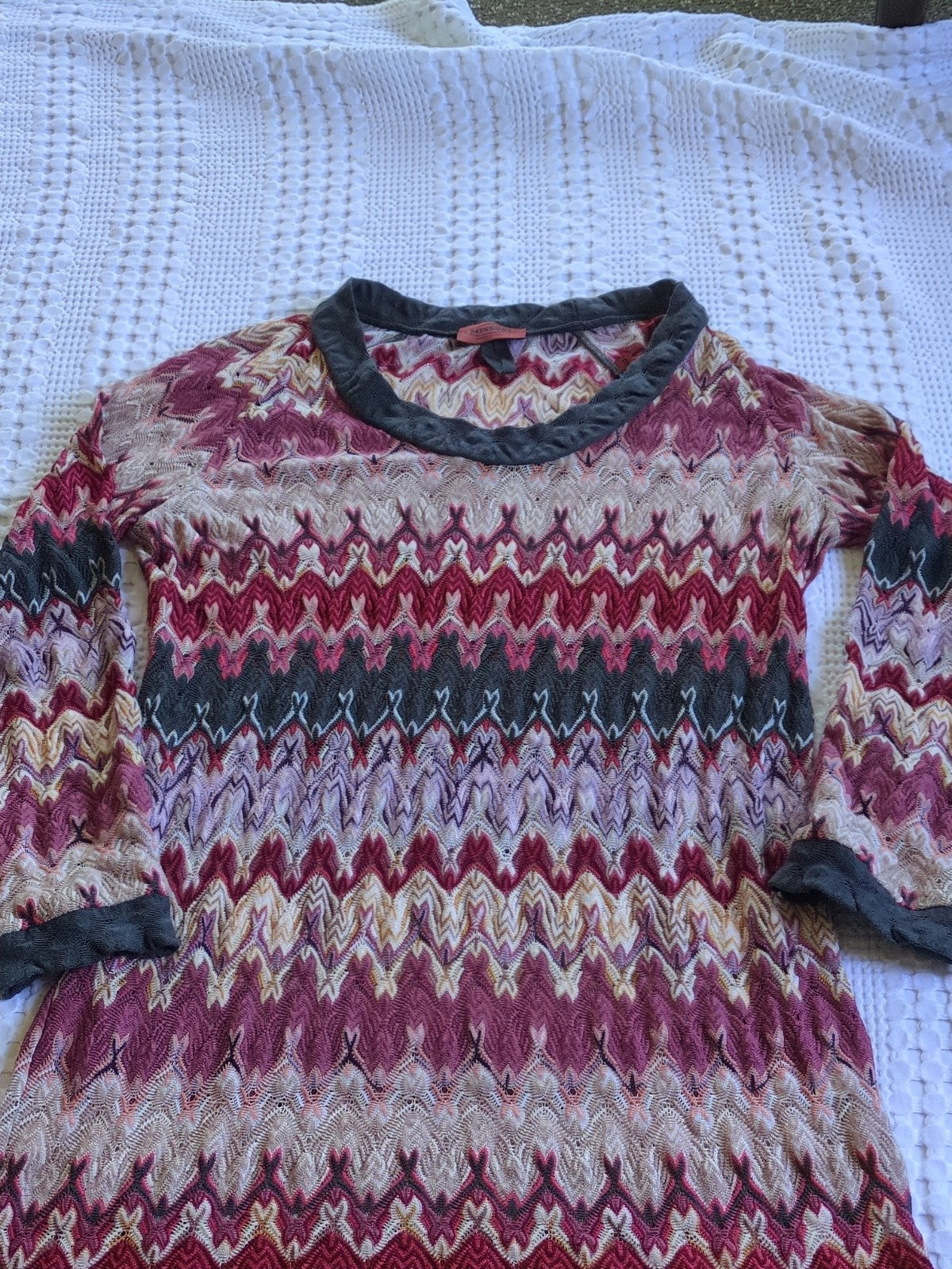 Missoni Vintage Knit Chevron Wool Blend Dress Long Sleeve Multicolor Size 40
