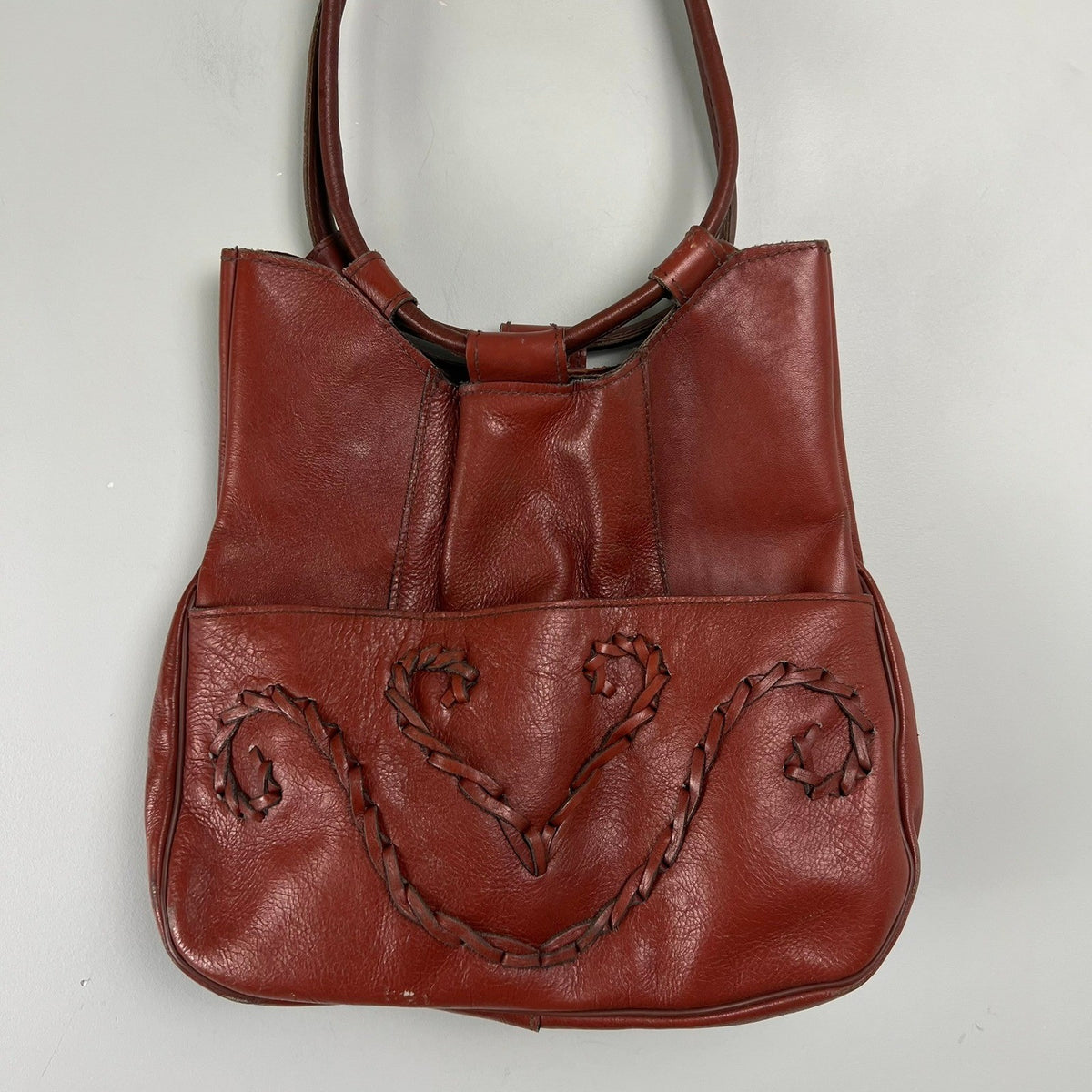 Vintage Brown Leather Whipstitch Shoulder Bag 1970s