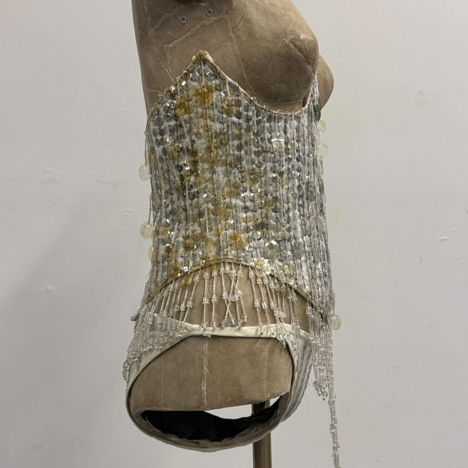 Vintage Silver Sequin Corset Showgirl Costume Set Beaded Fringe