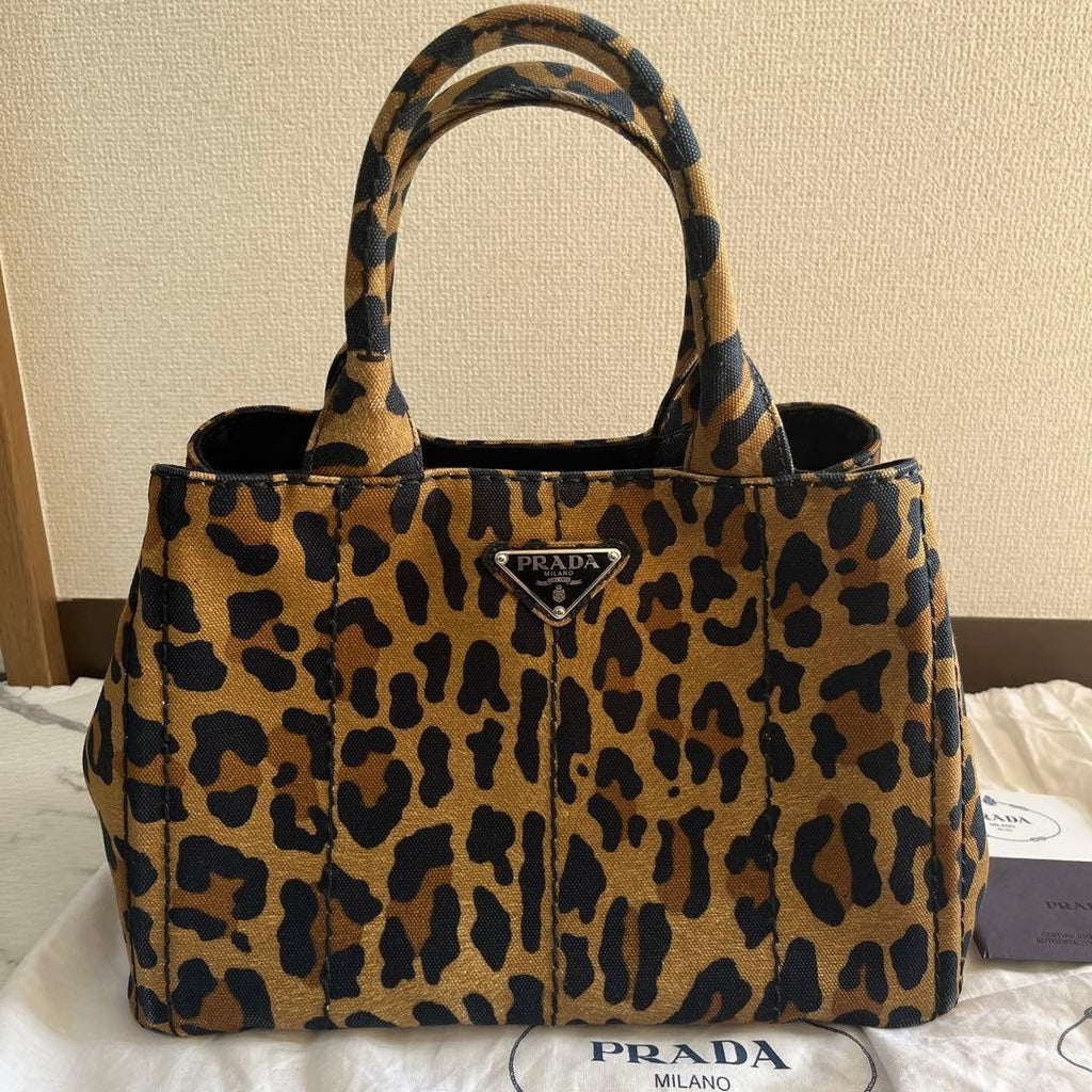PRADA Canapa Leopard Print 2Way Tote Bag Brown Canvas USED from Japan #SA