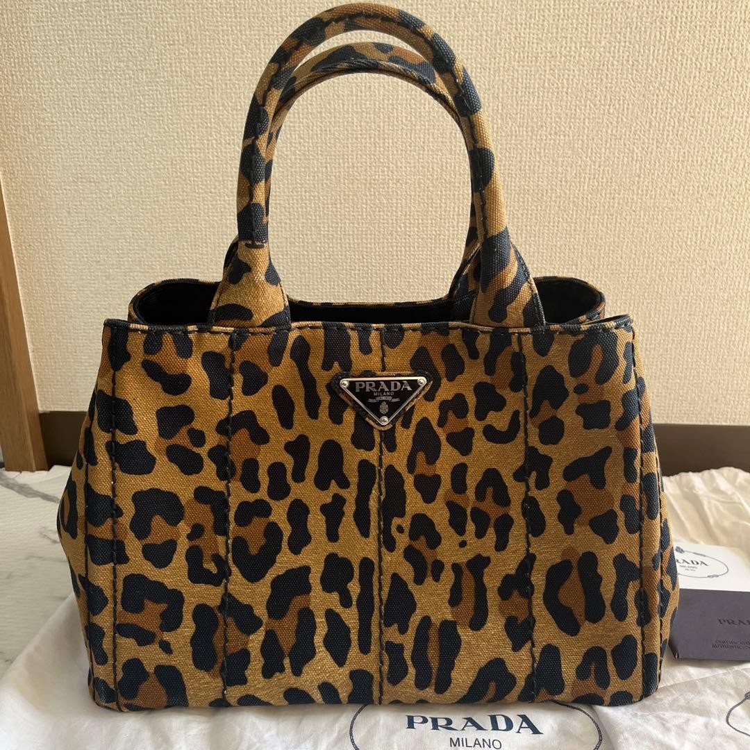 PRADA Canapa Leopard Print 2Way Tote Bag Brown Canvas USED from Japan #SA