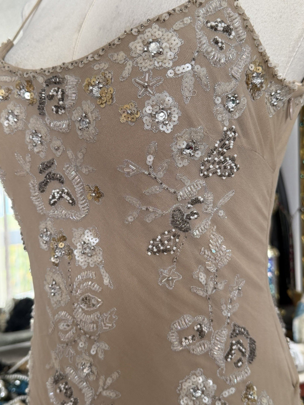 Sue Wong Champagne Silk Hand Beaded Cocktail Dress Size 4