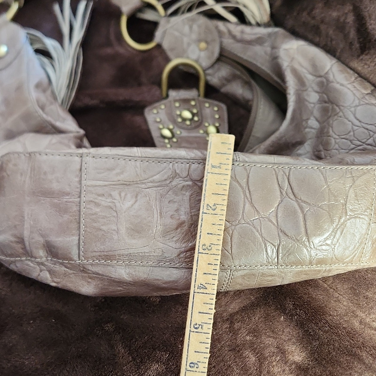 Kate Landry Grey Leather Embossed Hobo Shoulder Bag with Studded Tassel