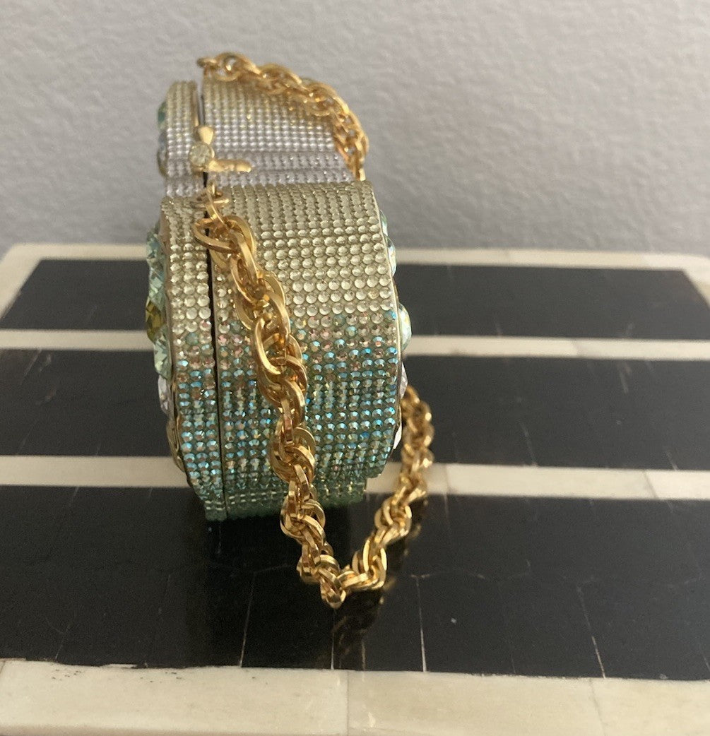 JUDITH LEIBER SWAROVSKI CRYSTAL CELESTRINA GOLD BUTTERFLY BAG MINAUDIERE CLUTCH