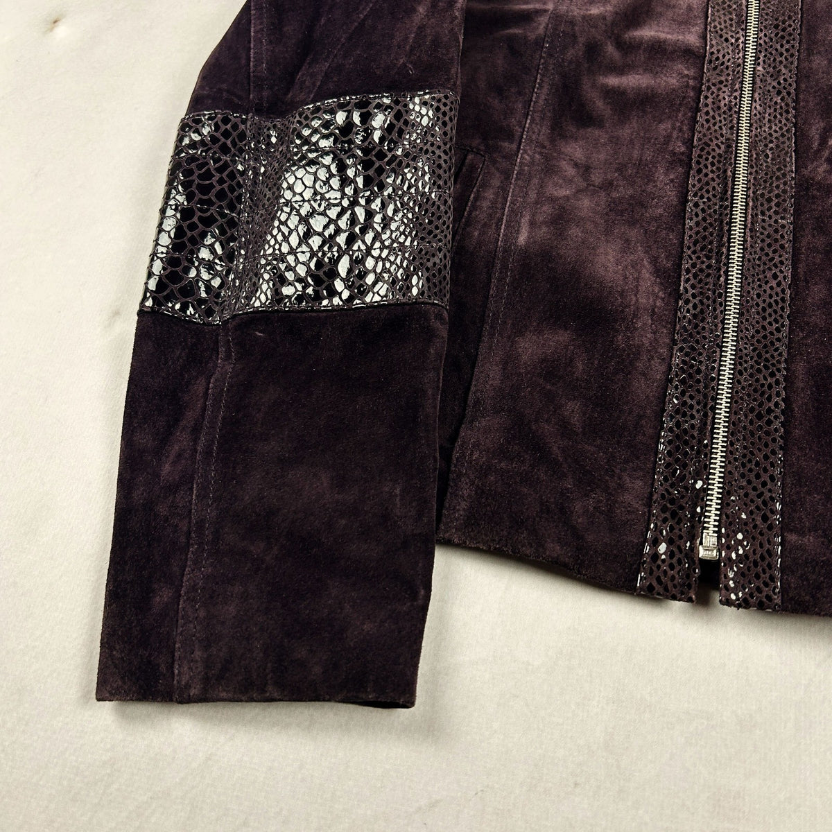 Vintage Y2K Genuine Suede Leather Jacket with Snakeskin Panel Moto