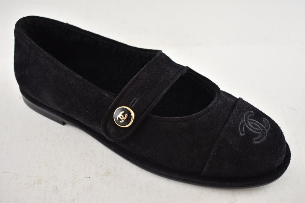 Chanel 25B Black Suede Shearling Fur Mary Jane Moccasin Ballet Loafer Flat 38
