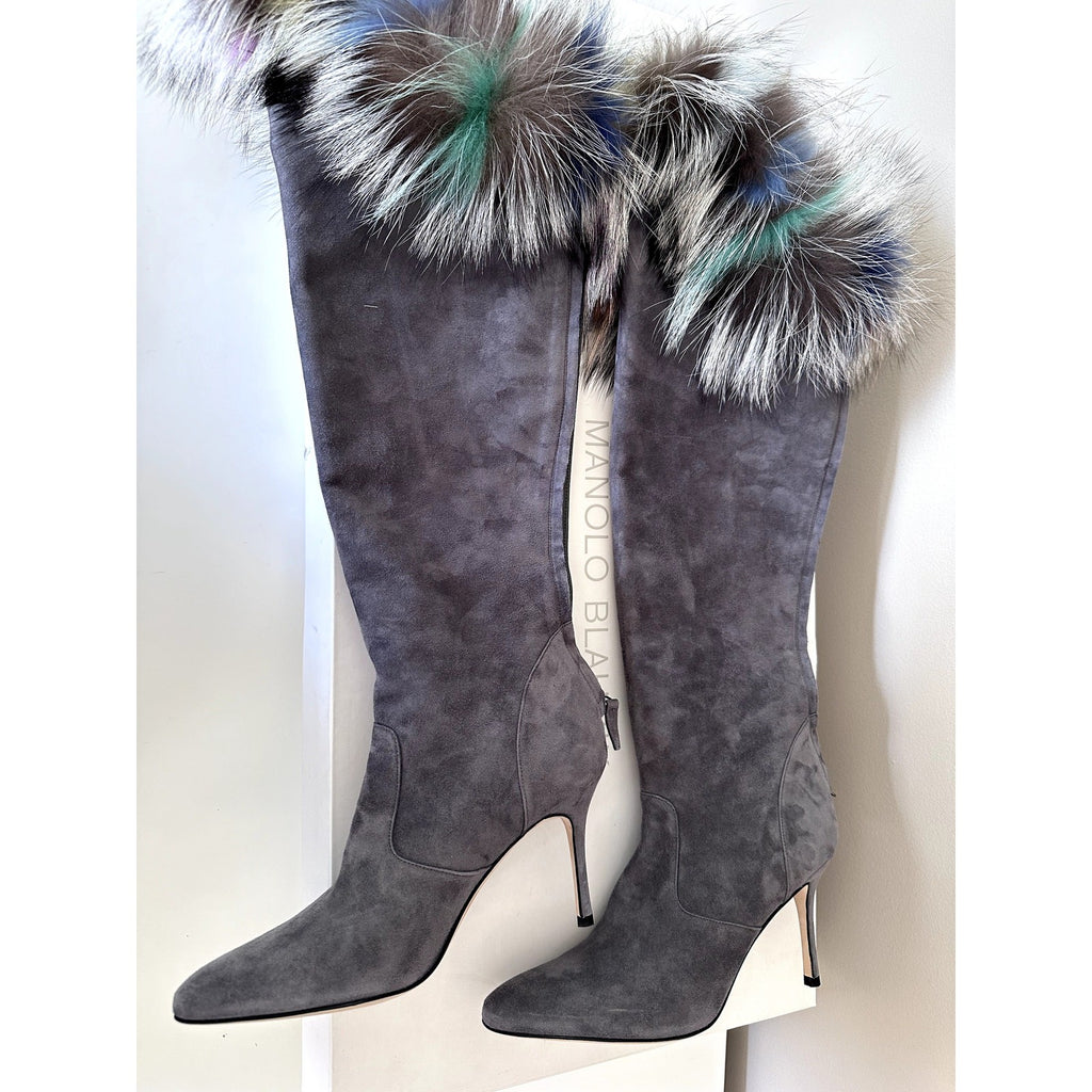 $1995 Manolo Blahnik Likanskim Boots Fur Suede Tall Womens Shoes Gray Size 37.5