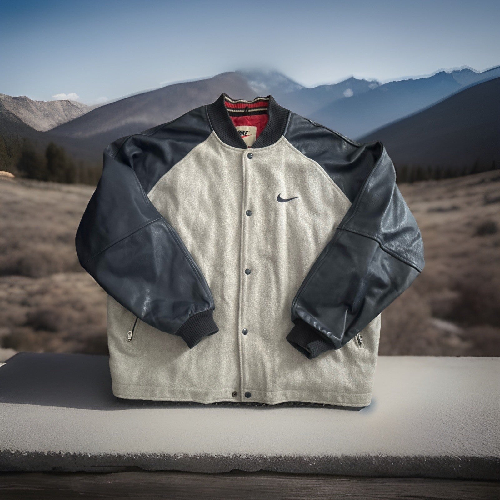 (VTG) NIKE SPORTSWEAR VARSITY JACKET WOOL/LEATHER GRAY/NAVY-BLUE MENS SIZE XL❄️