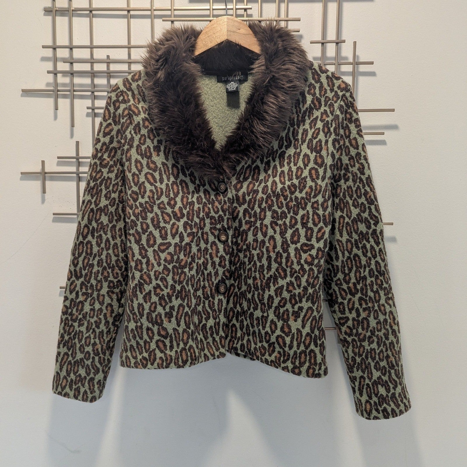 VTG Paraphrase Leopard Print Blazer Jacket Faux Fur Collar Women M Wool Mobwife